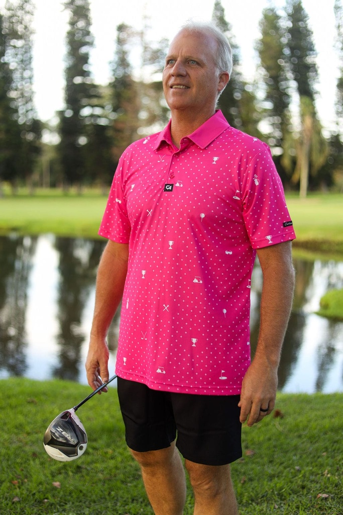 [SKUIQ440] Custom Apparel Mens Golf Shirt | Statement | Pink and White (S)