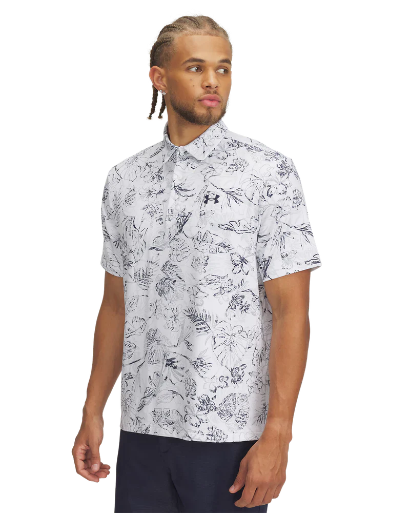 [1378677-118-M] Under Armour Mens Golf Polo | 3.0 Printed Polo | White-Navy-Grey (M)