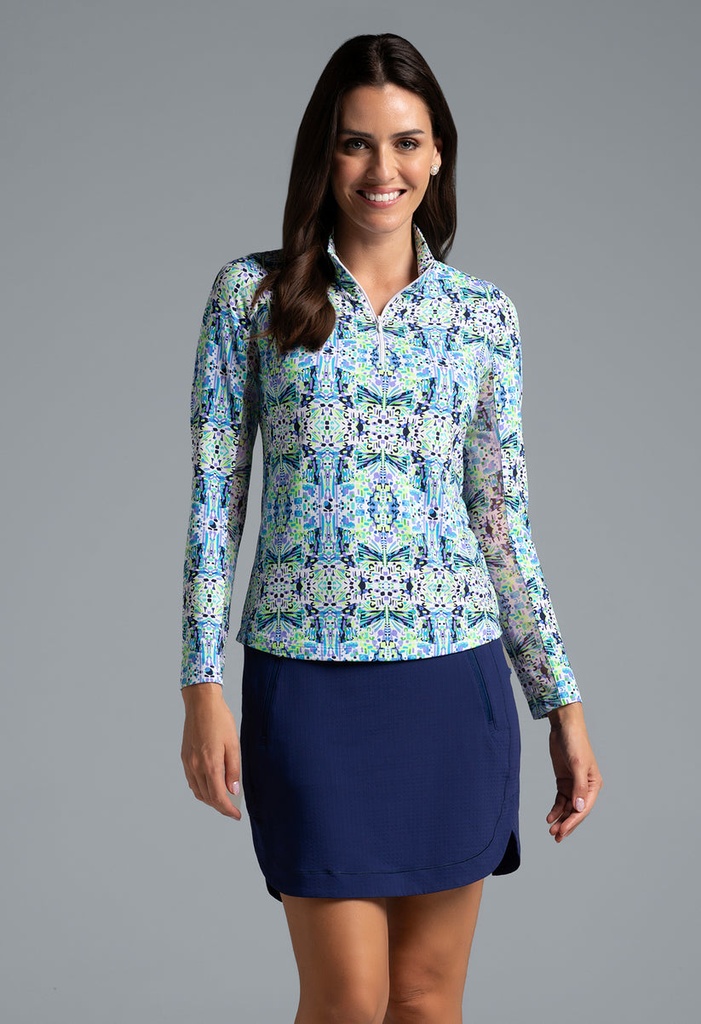 [10089NAV/S] Ibkul Womens Golf Shirts | Ridley Long Sleeve Zip | Mock | Navy-Multi (S)