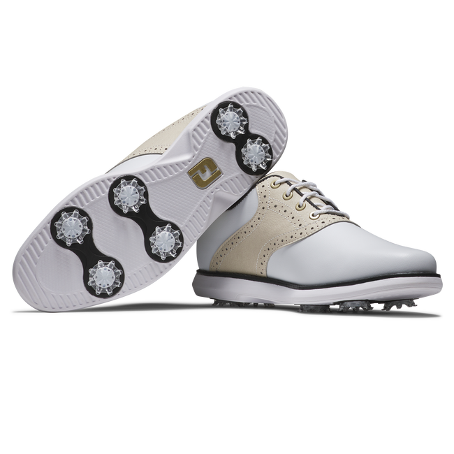 [97939040W] Footjoy Womens Golf Shoes | Traditions | White-Tan-Black 77 (UK4)