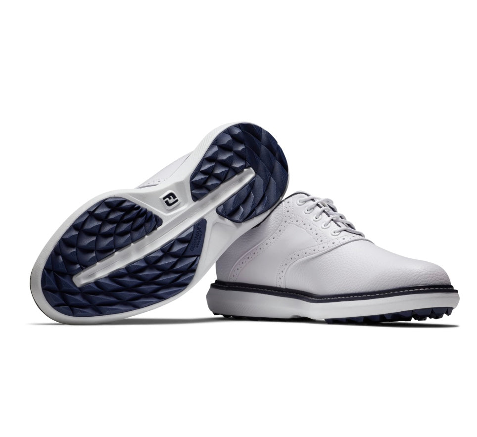 [57940080W] Footjoy Mens Golf Shoes | Traditions Blucher | Spikeless | White-White-Navy 9f (UK7)