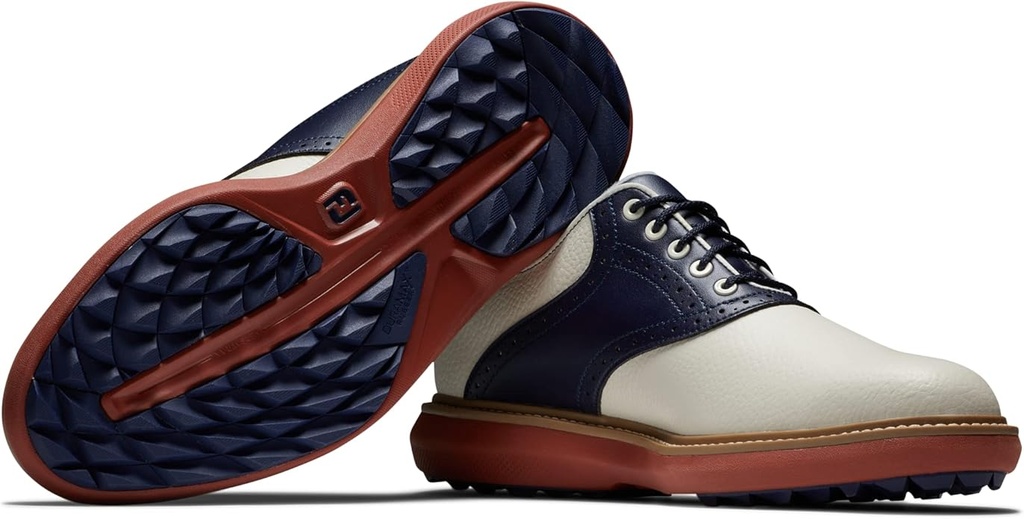 [57925090M] Footjoy Mens Golf Shoes | Traditions | Spikeless | White-Navy-Brick f6 (UK8)