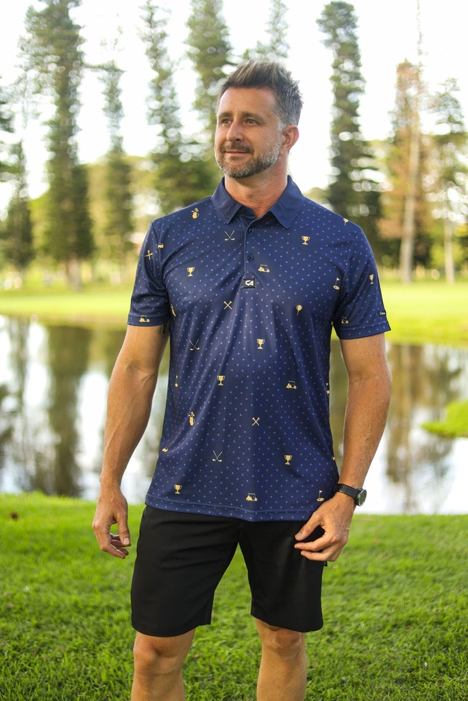 Custom Apparel Mens Golf Shirt | Statement | Navy and Gold