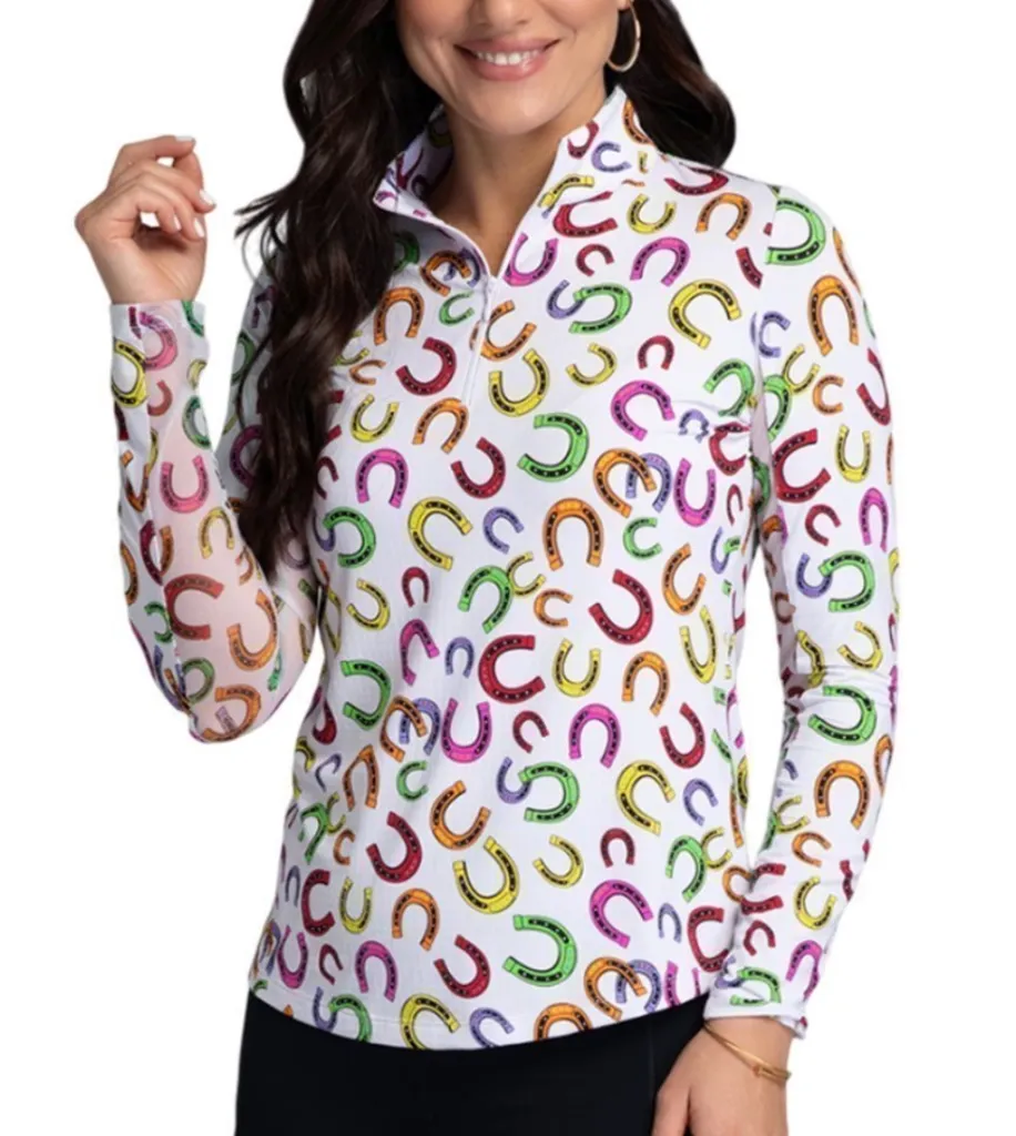 Ibkul Womens Golf Shirts | Bella Long Sleeve Zip | Mock | Hot Pink-Multi