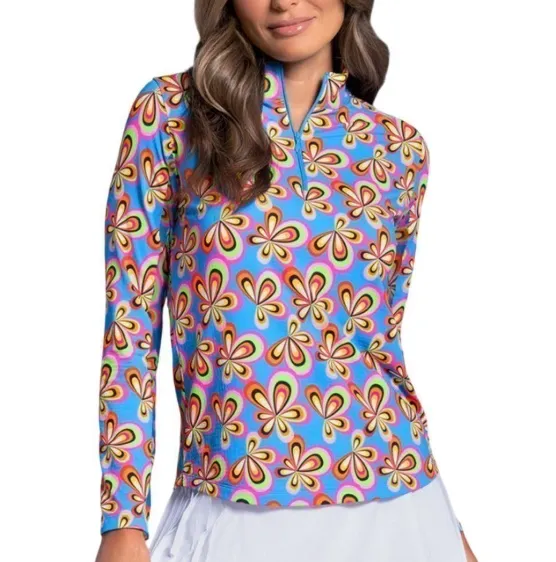 Ibkul Womens Golf Shirts | Arya Long Sleeve Zip | Mock | Turquoise-Multi