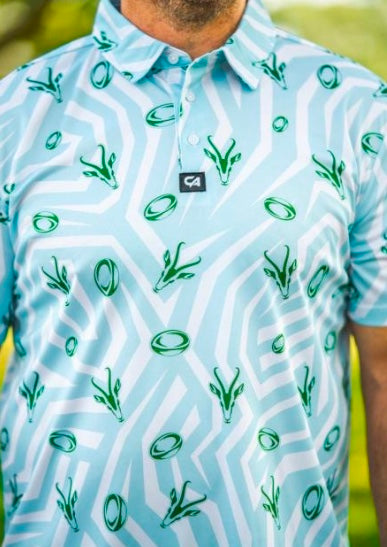 [34281627] Custom Apparel Mens Golf Shirt | Funky | Springbok | Turquoise White (S)
