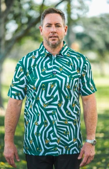[16281627] Custom Apparel Mens Golf Shirt | Funky | Springbok | White-Green (S)