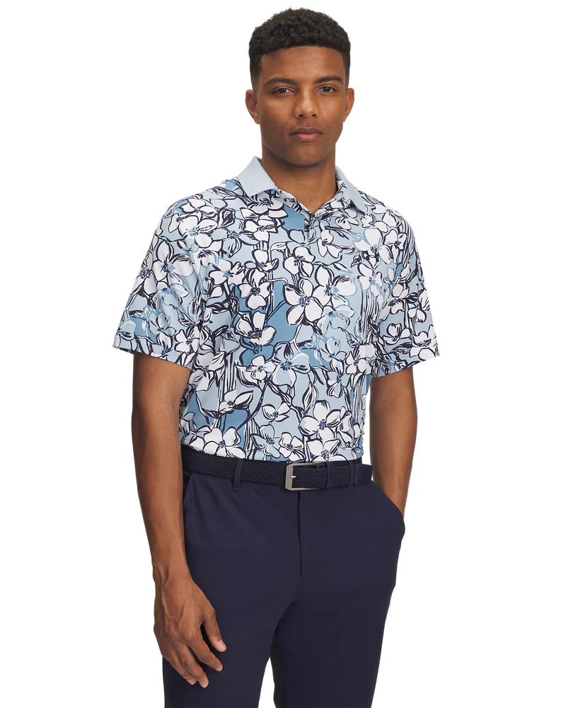 [1389597-453-MD] Under Armour Mens Golf Polo | Drive Chill | Printed Polo | Blue-White (M)