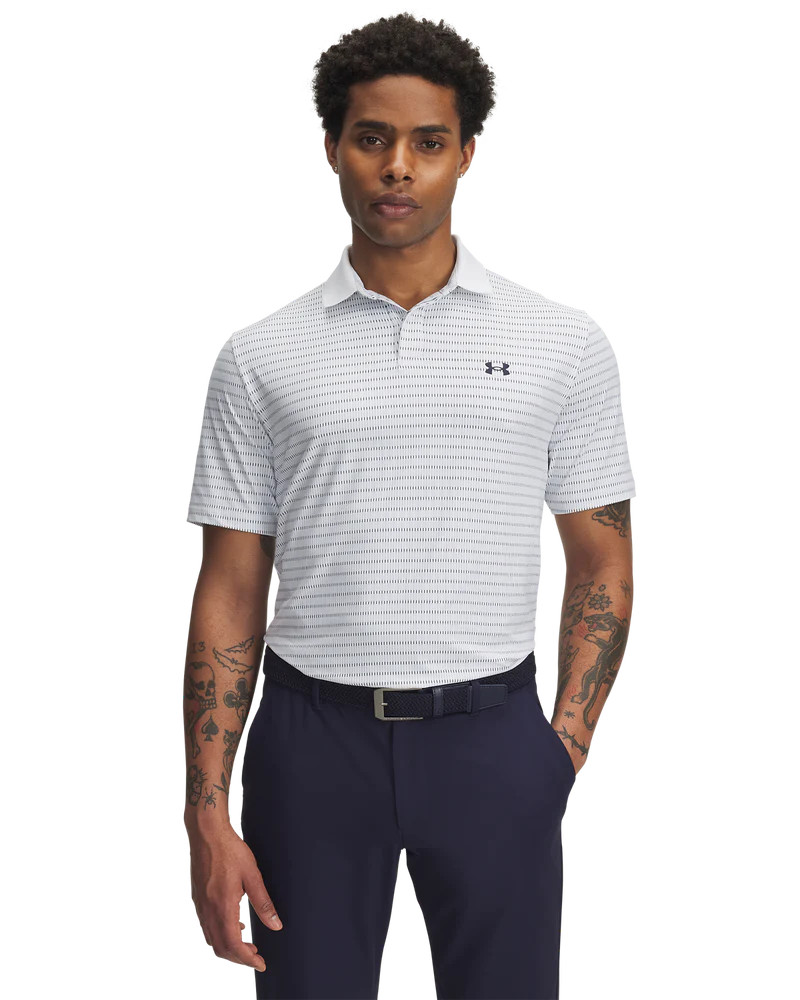 [1389597-102-MD] Under Armour Mens Golf Polo | Drive Chill | Printed Polo | White-Black (M)