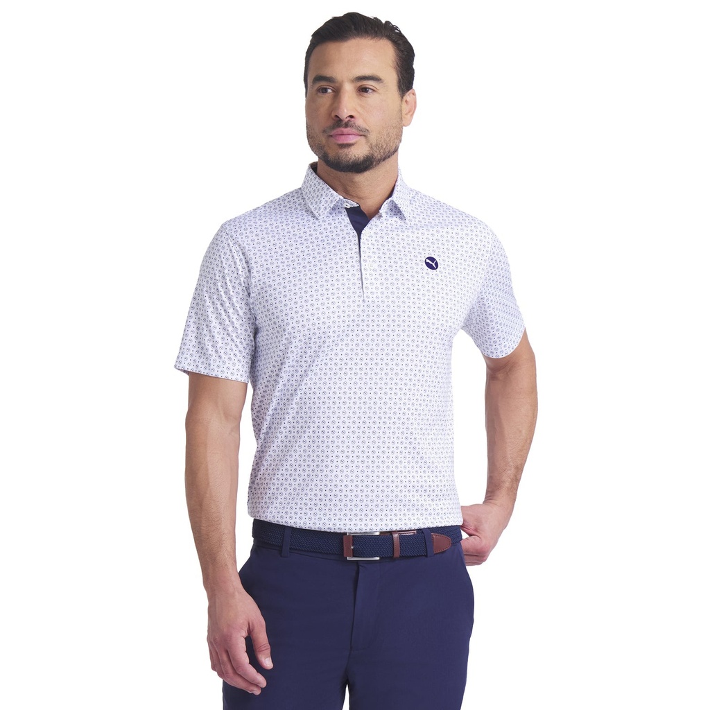 [63224801S] Puma Mens Golf Shirt | Pure 2.0 Polo | Circle Cat | White Glow-Deep Navy (S)