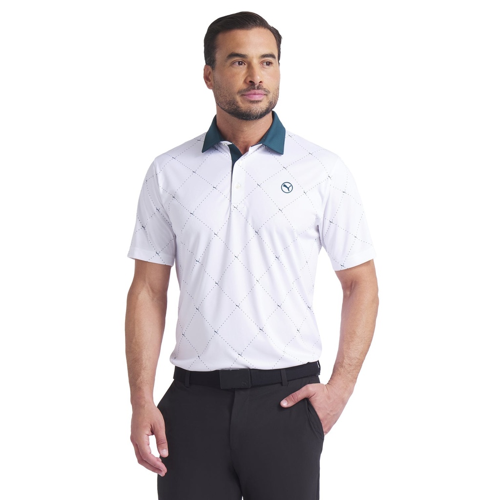 [62932207-S] Puma Mens Golf Shirt | Pure 2.0 Argyle Polo | White Glow-Green Terrain (S)