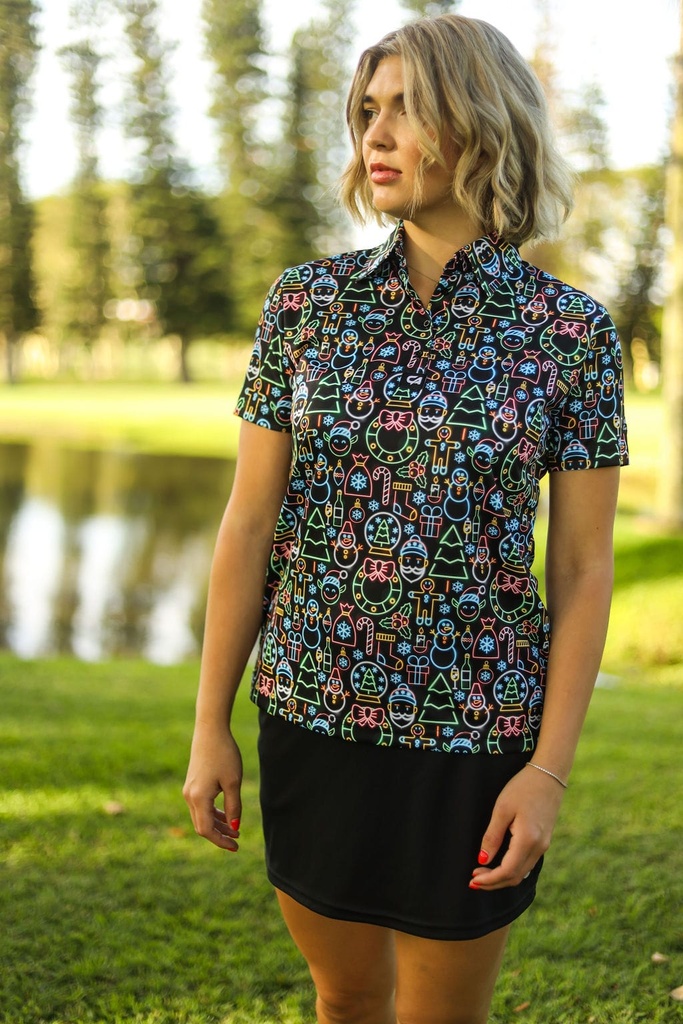 [82099762] Custom Apparel Womens Funky Golf Shirt | Neon Light Christmas (S)