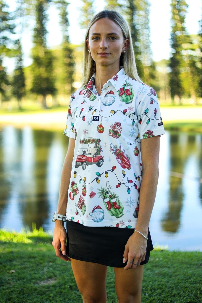 [73099762] Custom Apparel Womens Funky Golf Shirt | Jingle Bell Drive (S)