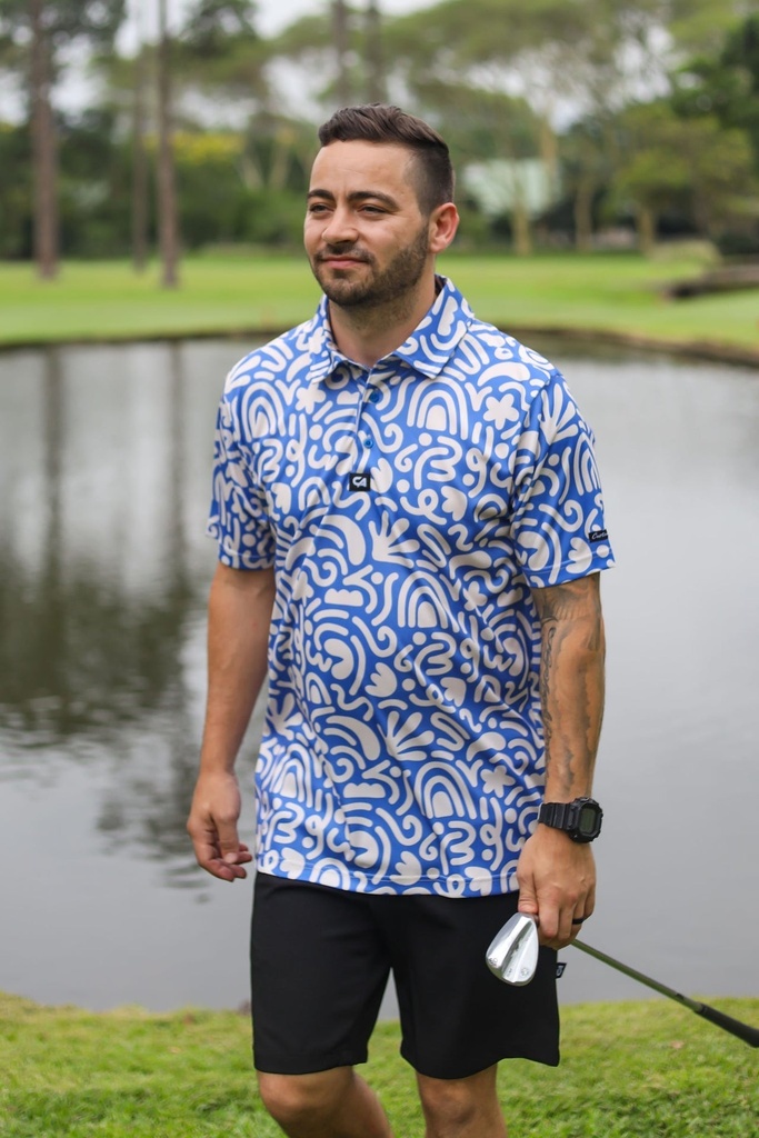 [CAMFS071] Custom Apparel Mens Funky Golf Shirt | Blue and Beige Squiggles (S)