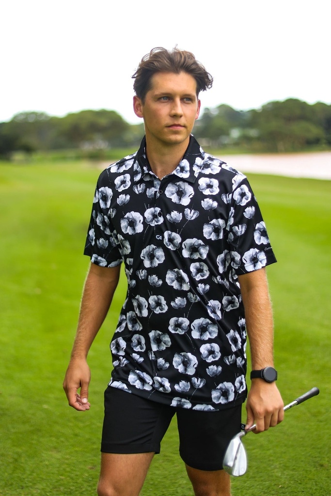 [CAMFS009] Custom Apparel Mens Funky Golf Shirt | Black Poppies (S)