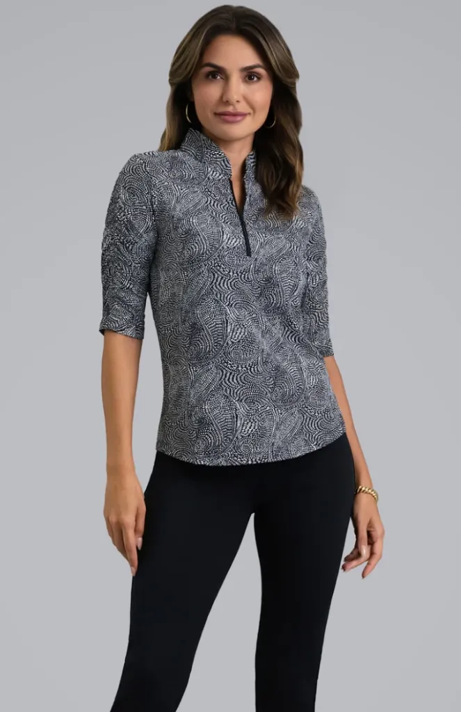 [Z-IBK41247BLWH-M] Ibkul Womens Golf Shirts | Stephanie Collar Top | Mandarin | Black-White (M)