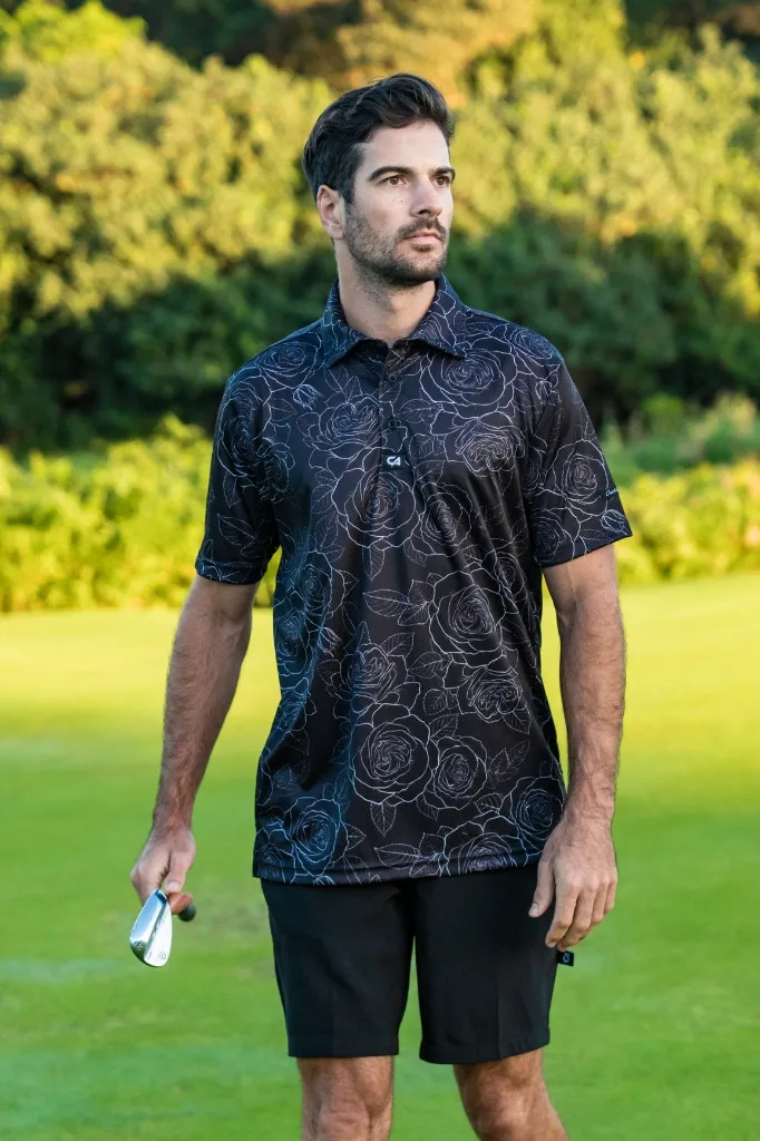 [HOS-087] Custom Apparel Mens Funky Golf Shirt | Black and White Roses (S)