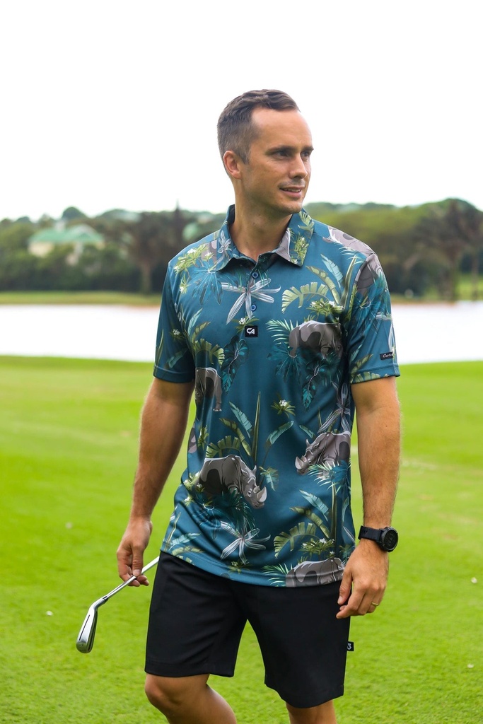 Custom Apparel Mens Funky Golf Shirt | Rhino in the Wild