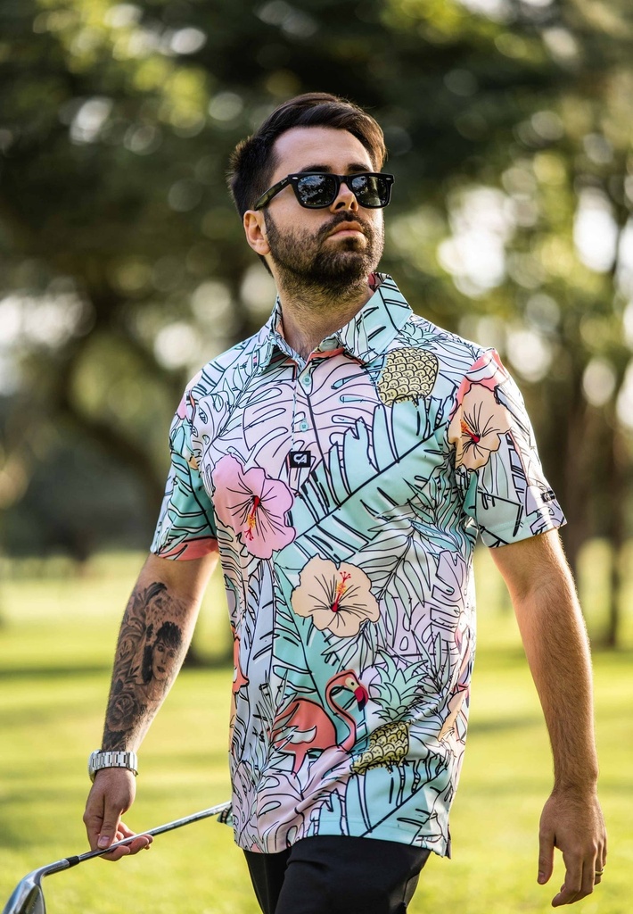 [CAMFPJ01] Custom Apparel Mens Funky Golf Shirt | Pastel Jungle (S)