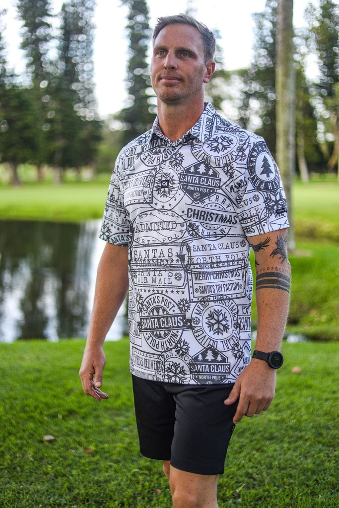 [CAMFGSCSS] Custom Apparel Mens Funky Golf Shirt | Christmas Stamps (S)