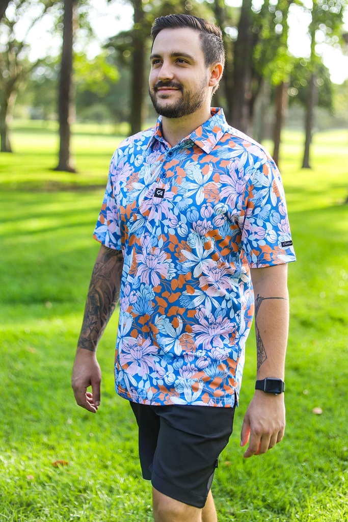 [CAMFGSBBS] Custom Apparel Mens Funky Golf Shirt | Blue Botanical (S)