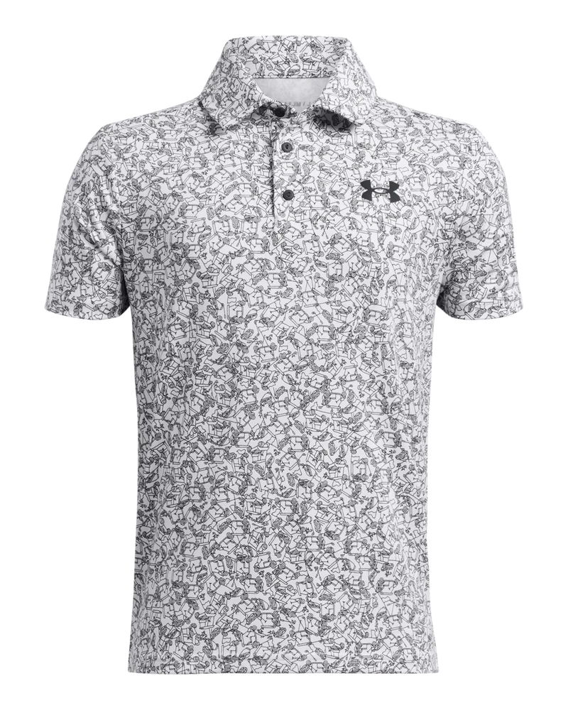 [1382681100S] Under Armour Junior Golf Shirt | Polo | White- Black Printed (S)