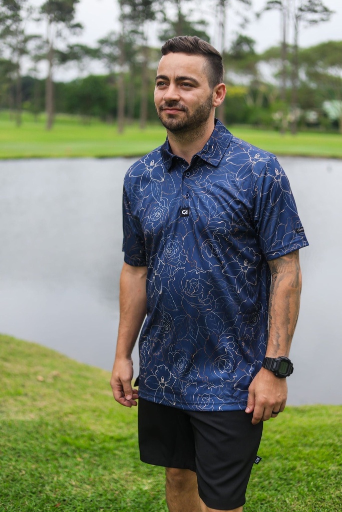 Custom Apparel Mens Funky Golf Shirt | Navy Gold Roses
