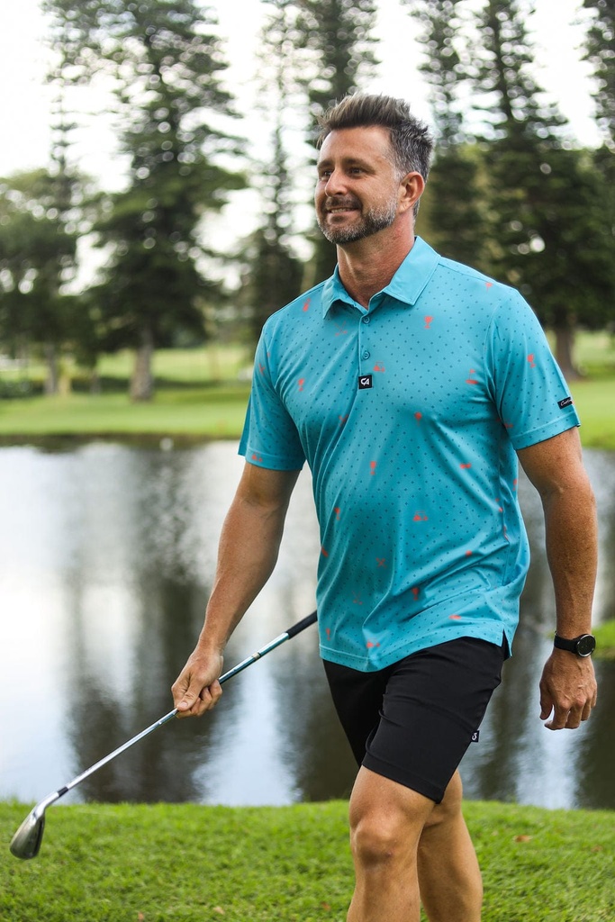Custom Apparel Mens Golf Shirt | Statement | Teal and Orange
